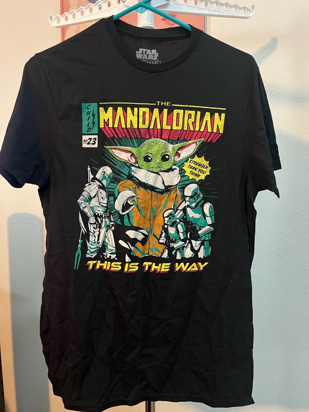 Star Wars Black Graphic Tee Featuring Grogu and Mandalorian Comic Art